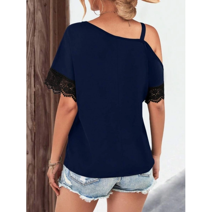 MDB Kadın Tek Omuzu Askılı Kısa Kollu Toka Detaylı Dantelli Viskon Bluz