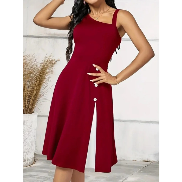 MDB Kadın Tek Omuzu şerit Detaylı Kolsuz Yandan Düğme Detaylı Janjan Krep Elbise