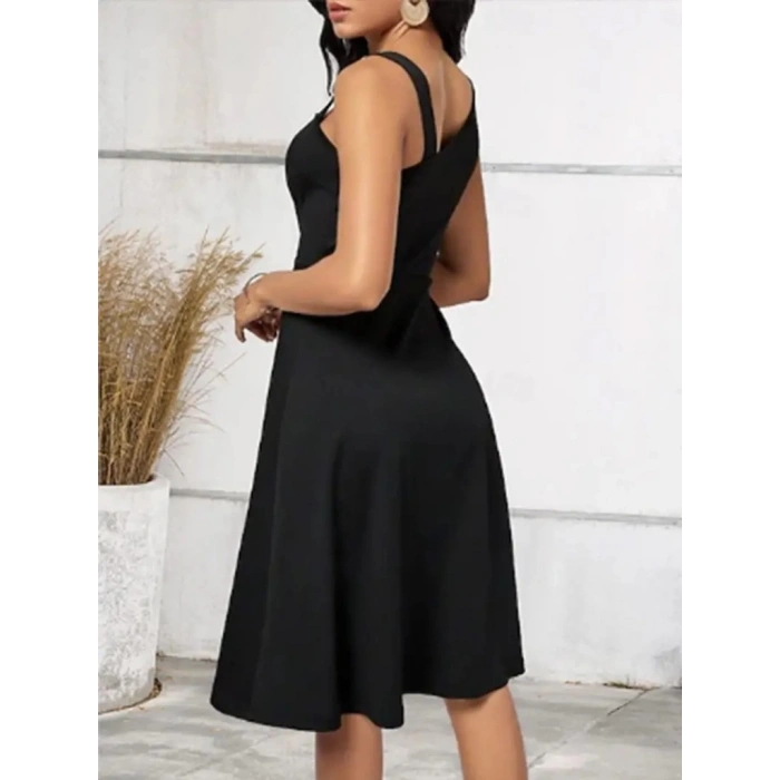 MDB Kadın Tek Omuzu şerit Detaylı Sıfır Kol Yandan Düğme Detaylı Janjan Krep Elbise