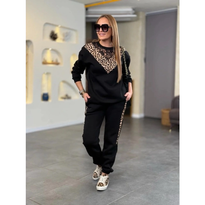 MDB Kadın üç Iplik Kumaş Leopar Desenli Dantel Detaylı Ikili Takım