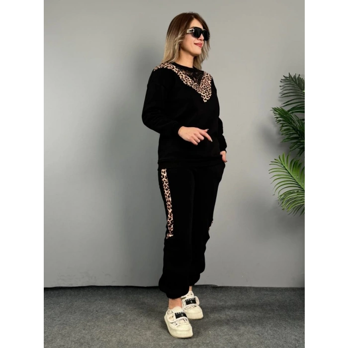 MDB Kadın üç Iplik Kumaş Leopar Desenli Dantel Detaylı Ikili Takım