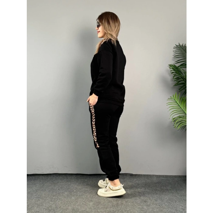 MDB Kadın üç Iplik Kumaş Leopar Desenli Dantel Detaylı Ikili Takım