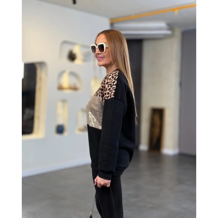 MDB Kadın üç Iplik şardonlu Kumaş Leopar Desenli Bluz