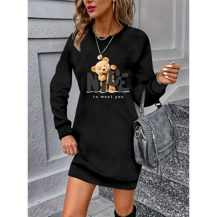 MDB Kadın Uzun Kollu Bisiklet Yaka Ayı Desenli Viskon Iki Iplik Elbise