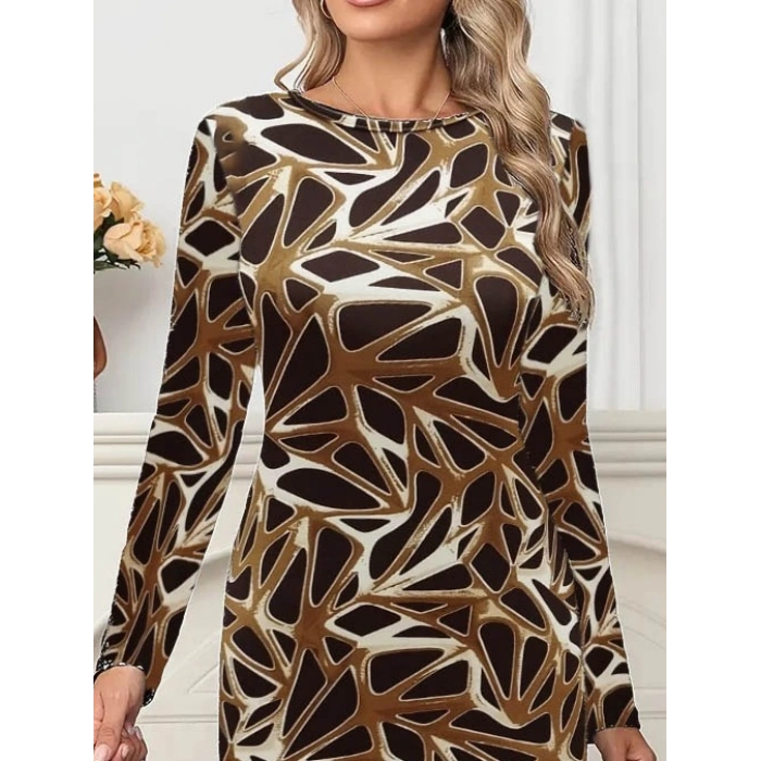 MDB Kadın Uzun Kollu Bisiklet Yaka Desenli Dalgıç Kısa Elbise
