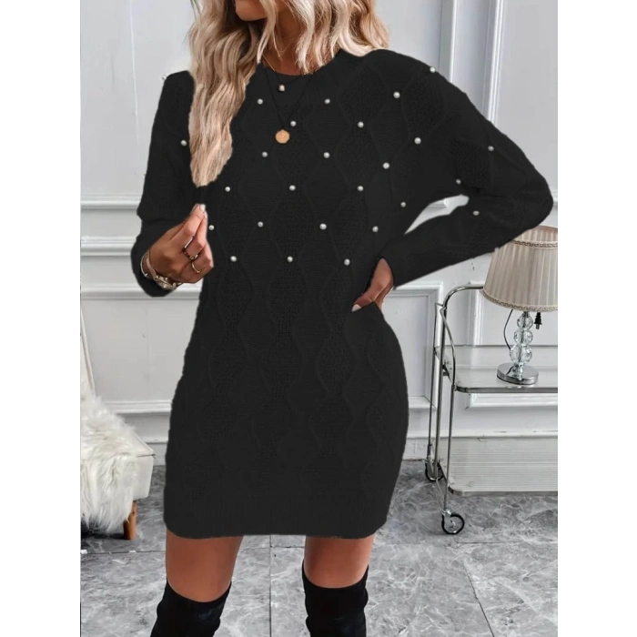 MDB Kadın Uzun Kollu Bisiklet Yaka Desenli Triko Elbise