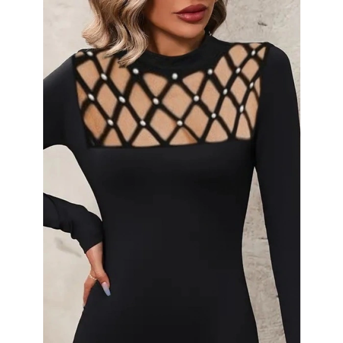 MDB Kadın Uzun Kollu Bisiklet Yaka Lazer Kesim Inci Detay Viskon Iki Iplik Mini Boy Elbise