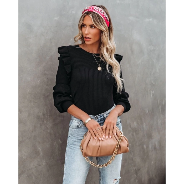MDB Kadın Uzun Kollu Bisiklet Yaka Omuzları Fırfırlı Triko Bluz