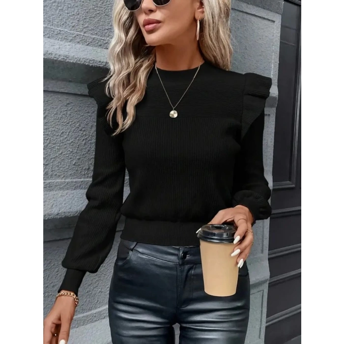 MDB Kadın Uzun Kollu Bisiklet Yaka Omuzları Fırfırlı Triko Bluz