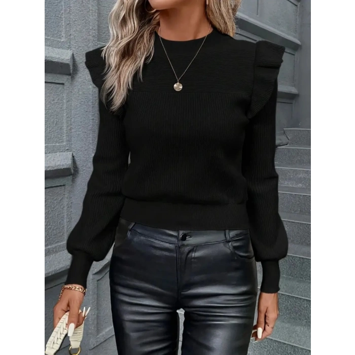 MDB Kadın Uzun Kollu Bisiklet Yaka Omuzları Fırfırlı Triko Bluz