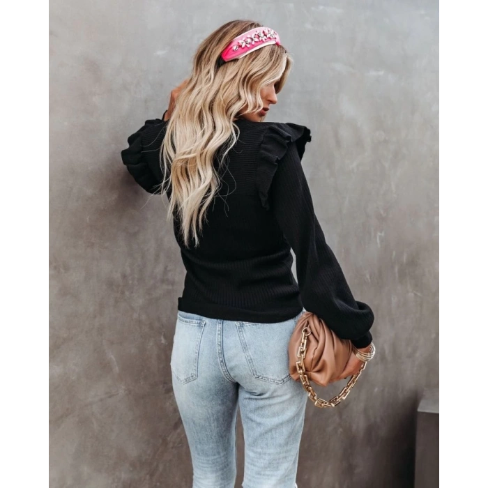 MDB Kadın Uzun Kollu Bisiklet Yaka Omuzları Fırfırlı Triko Bluz