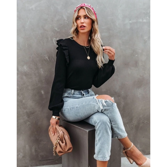 MDB Kadın Uzun Kollu Bisiklet Yaka Omuzları Fırfırlı Triko Bluz