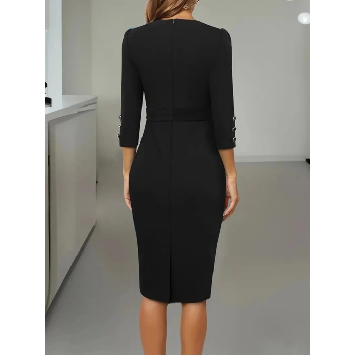 MDB Kadın Uzun Kollu Düğme Detaylı Kendinden Kemerli Ithal Krep Elbise