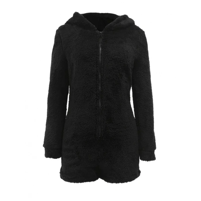 MDB Kadın Uzun Kollu Kapişon Ve Fermuar Detaylı Peluş şort Tulum