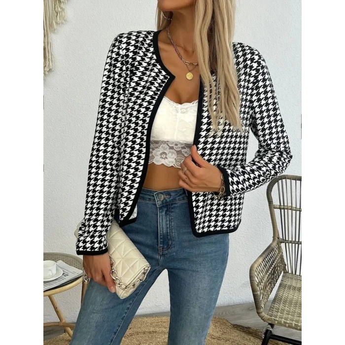 MDB Kadın Uzun Kollu Kaz Ayağı Desenli şardonlu Dalgıç Ceket