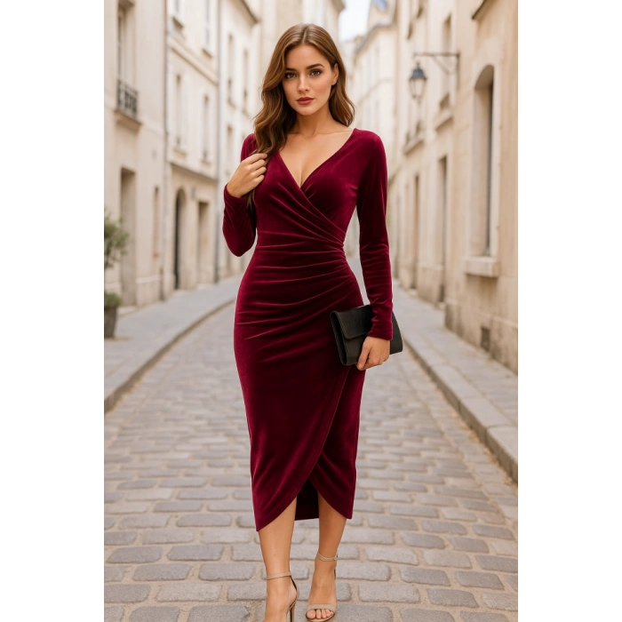 MDB Kadın Uzun Kollu Kruvaze Yaka Belden Büzgü Detay Midi Kadife Elbise