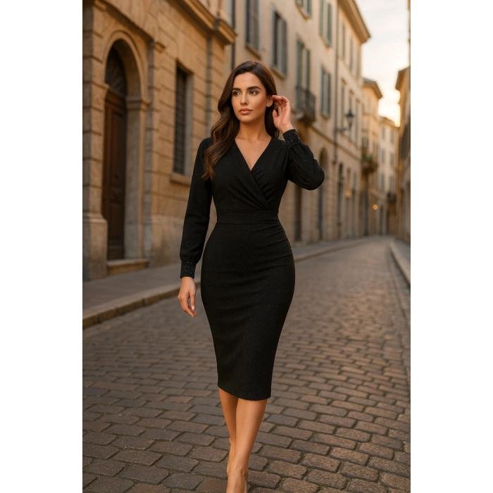 MDB Kadın Uzun Kollu Kruvaze Yaka Büzgü Ve Balon Kol Detay Krep Kumaş axi Boy Elbise