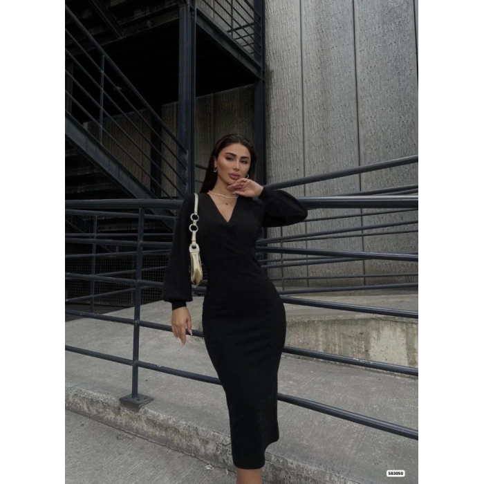 MDB Kadın Uzun Kollu Kruvaze Yaka Büzgü Ve Balon Kol Detay Krep Kumaş axi Boy imli Elbise