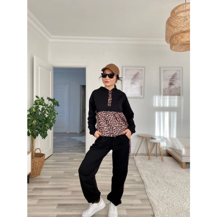 MDB Kadın Uzun Kollu eopar Detay weat Ve Yanı eopar şerit Detay Pantolon Ikili Takım