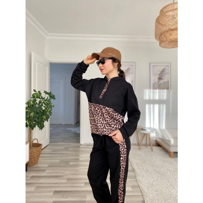 MDB Kadın Uzun Kollu eopar Detay weat Ve Yanı eopar şerit Detay Pantolon Ikili Takım