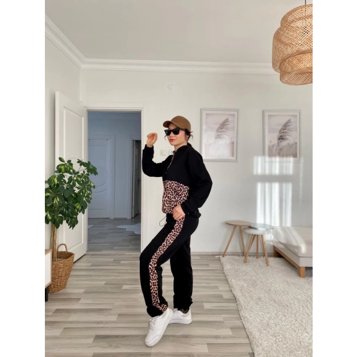 MDB Kadın Uzun Kollu eopar Detay weat Ve Yanı eopar şerit Detay Pantolon Ikili Takım