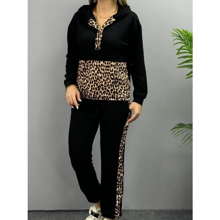 MDB Kadın Uzun Kollu eopar Detay weat Ve Yanı eopar şerit Detay Pantolon Ikili Takım