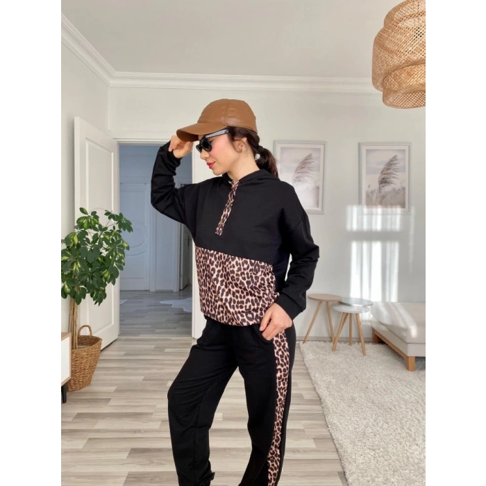 MDB Kadın Uzun Kollu eopar Detay weat Ve Yanı eopar şerit Detay Pantolon Ikili Takım