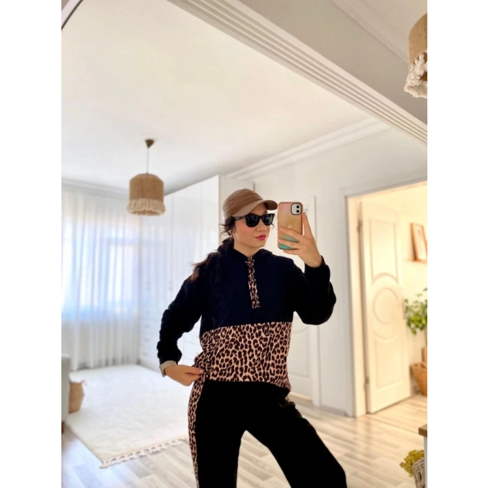 MDB Kadın Uzun Kollu eopar Detay weat Ve Yanı eopar şerit Detay Pantolon Ikili Takım