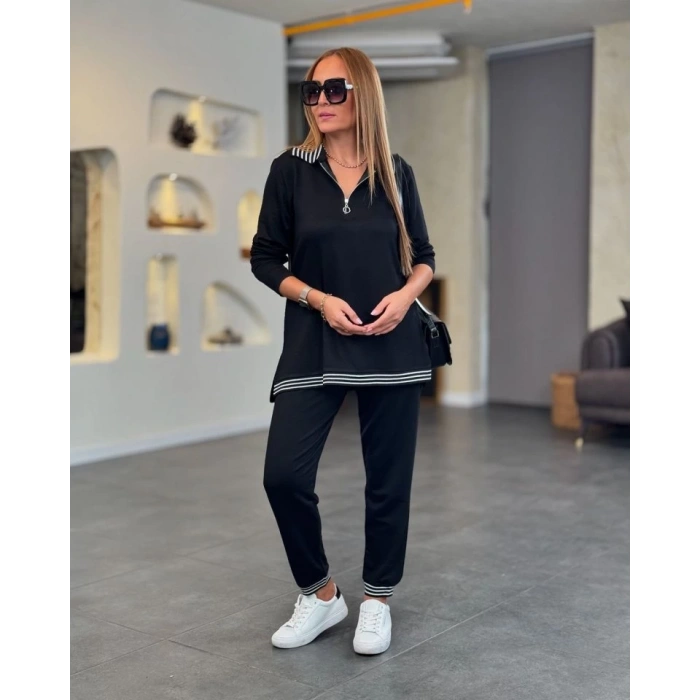 MDB Kadın Uzun Kollu Ribana Ve Fermuar Detay Bluz Ve Yüksel Bel Pantolon 2li Takım