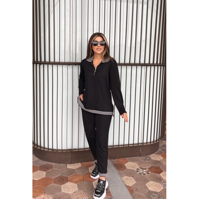 MDB Kadın Uzun Kollu Ribana Ve Fermuar Detay Bluz Ve Yüksel Bel Pantolon 2li Takım