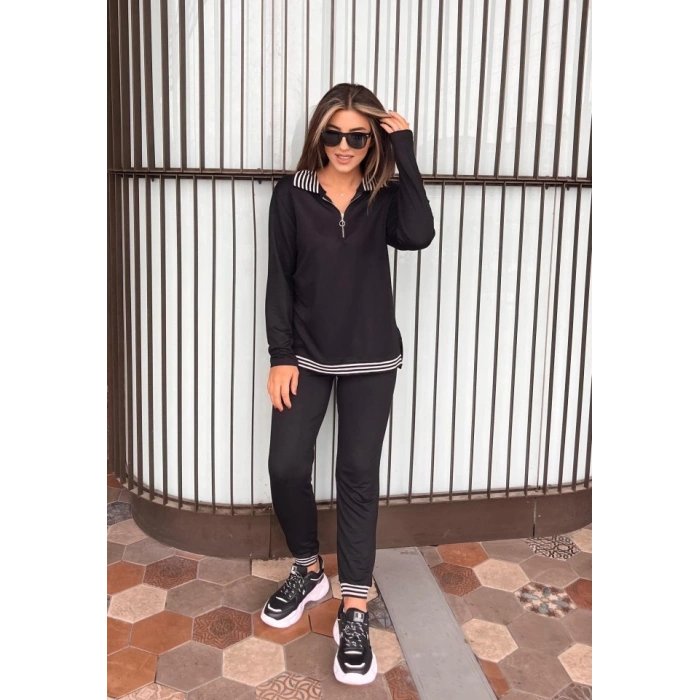 MDB Kadın Uzun Kollu Ribana Ve Fermuar Detay Bluz Ve Yüksel Bel Pantolon 2li Takım