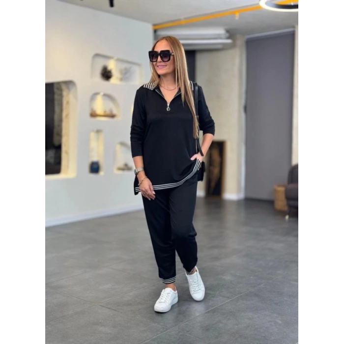 MDB Kadın Uzun Kollu Ribana Ve Fermuar Detay Bluz Ve Yüksel Bel Pantolon 2li Takım