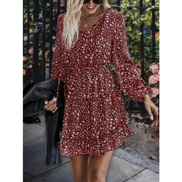 MDB Kadın Uzun Kollu V Yaka Bağcıklı Belden Gipeli çiçek Baskılı Kısa Süprem Elbise