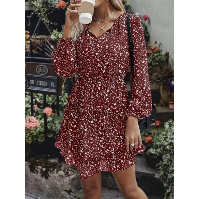 MDB Kadın Uzun Kollu V Yaka Bağcıklı Belden Gipeli çiçek Baskılı Kısa Süprem Elbise