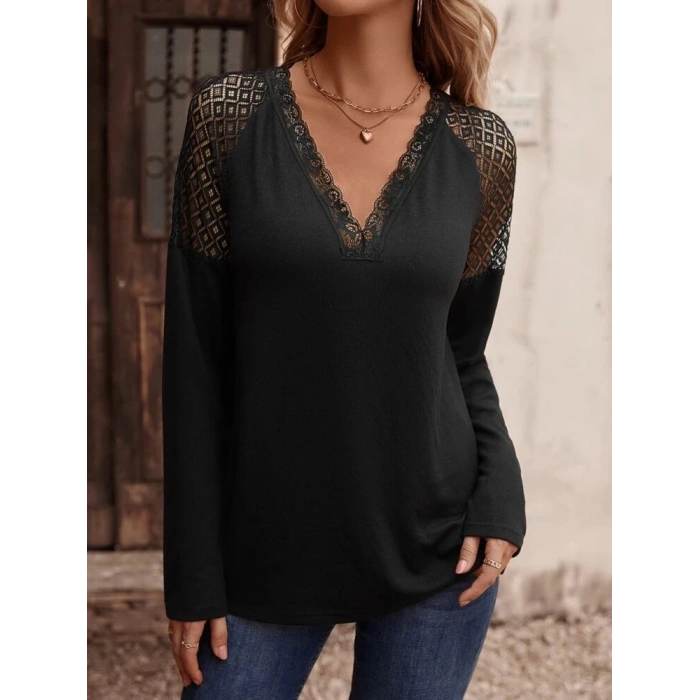 MDB Kadın Uzun Kollu V Yakalı Dantel Detaylı Viskon Bluz