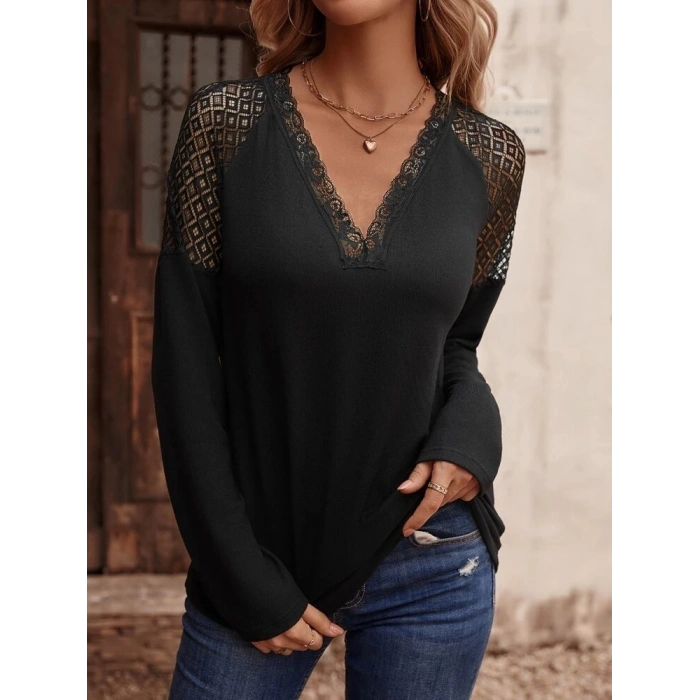 MDB Kadın Uzun Kollu V Yakalı Dantel Detaylı Viskon Bluz