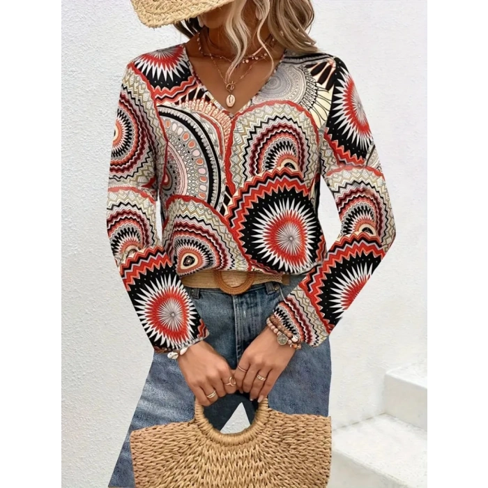 MDB Kadın Uzun Kollu V Yakalı Desenli Süprem Bluz