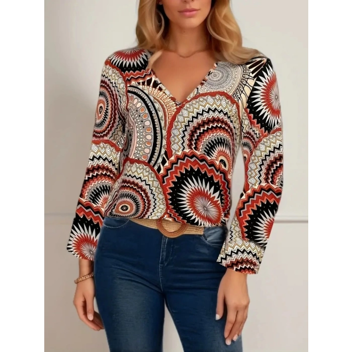 MDB Kadın Uzun Kollu V Yakalı Desenli Süprem Bluz