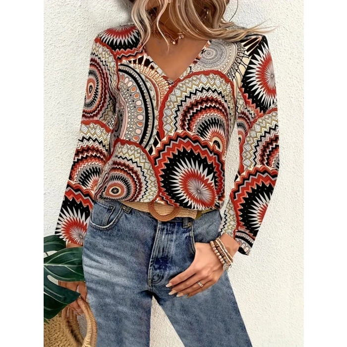 MDB Kadın Uzun Kollu V Yakalı Desenli Süprem Bluz