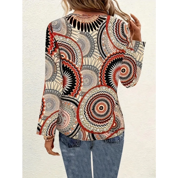 MDB Kadın Uzun Kollu V Yakalı Desenli Süprem Bluz