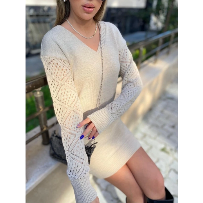 MDB Kadın Uzun Kollu V Yakalı Mini Triko Elbise