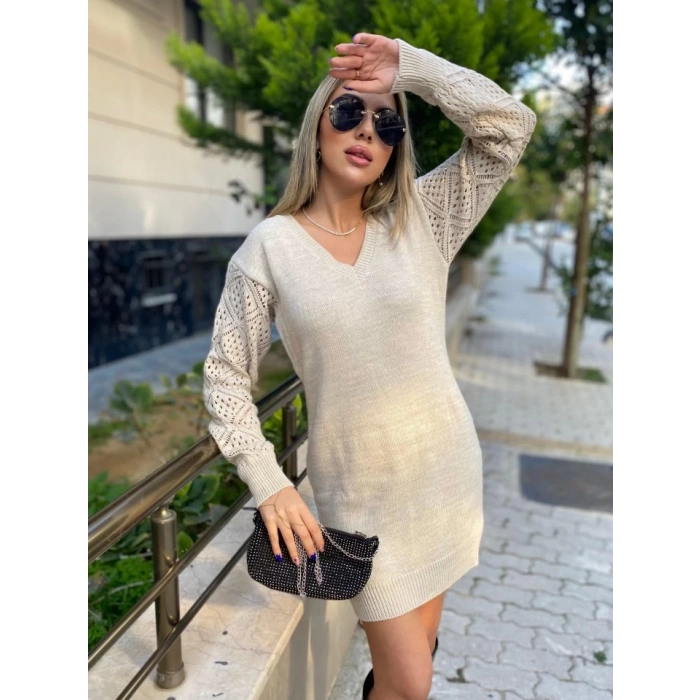 MDB Kadın Uzun Kollu V Yakalı Mini Triko Elbise