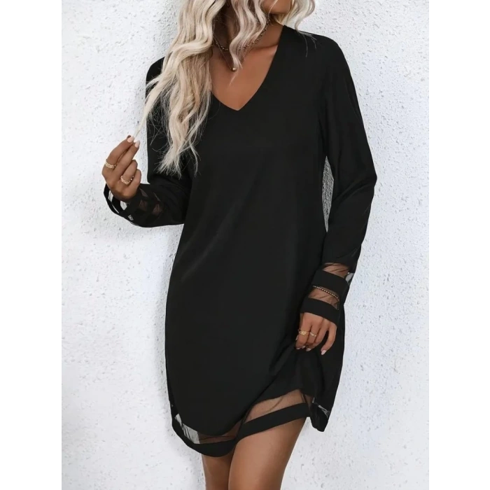 MDB Kadın Uzun Kollu V Yakalı şeritli Tül Detaylı Ithal Krep Elbise