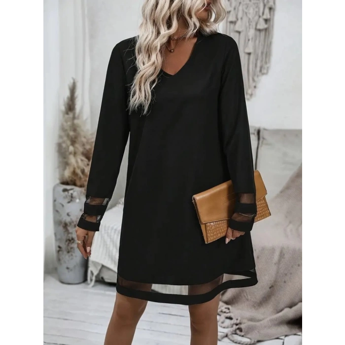 MDB Kadın Uzun Kollu V Yakalı şeritli Tül Detaylı Ithal Krep Elbise