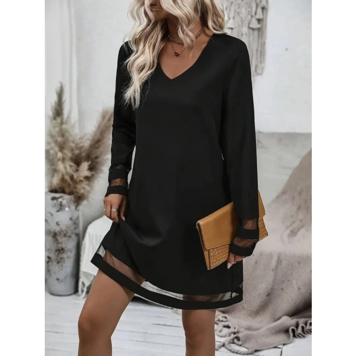 MDB Kadın Uzun Kollu V Yakalı şeritli Tül Detaylı Ithal Krep Elbise