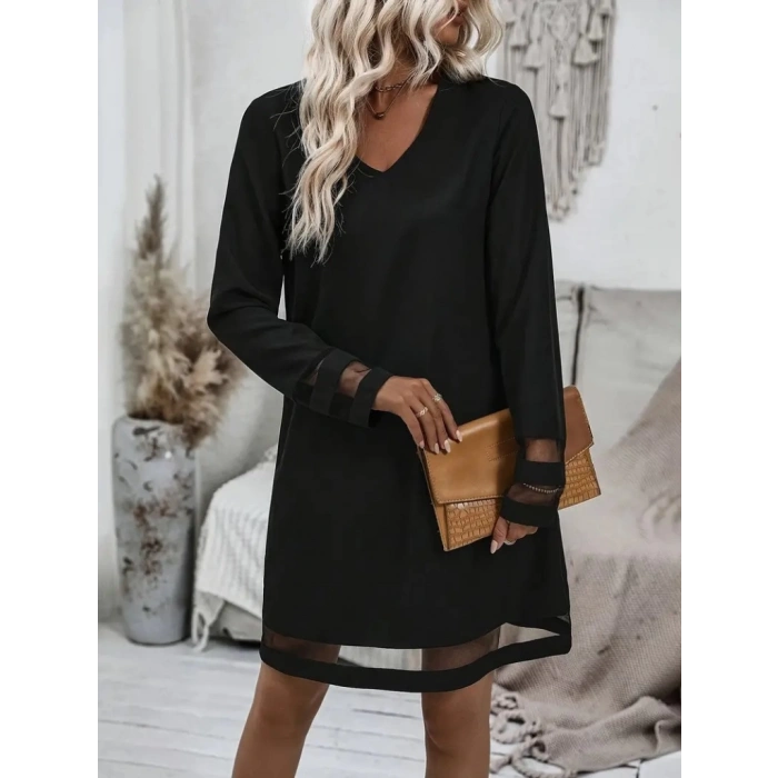 MDB Kadın Uzun Kollu V Yakalı şeritli Tül Detaylı Ithal Krep Elbise