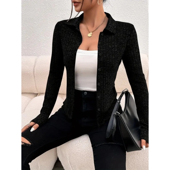 MDB Kadın Uzun Kollu Yakalı önden Düğmeli Kısa Ceket