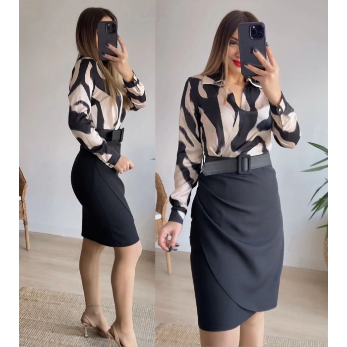 MDB Kadın Uzun Kollu Yakalı üst Dalgıç Eteği Krep Kemerli Elbise