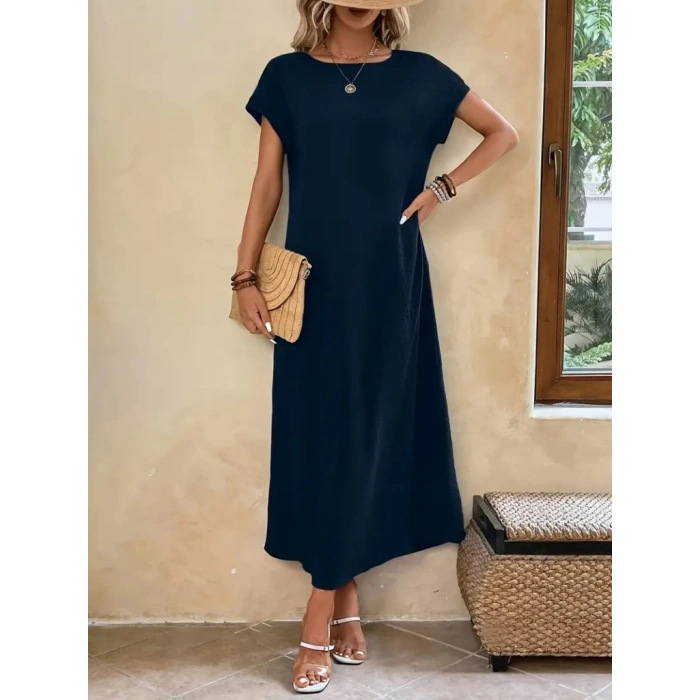 MDB Kadın Uzun Kollu Yakası Açık Viskon Elbise