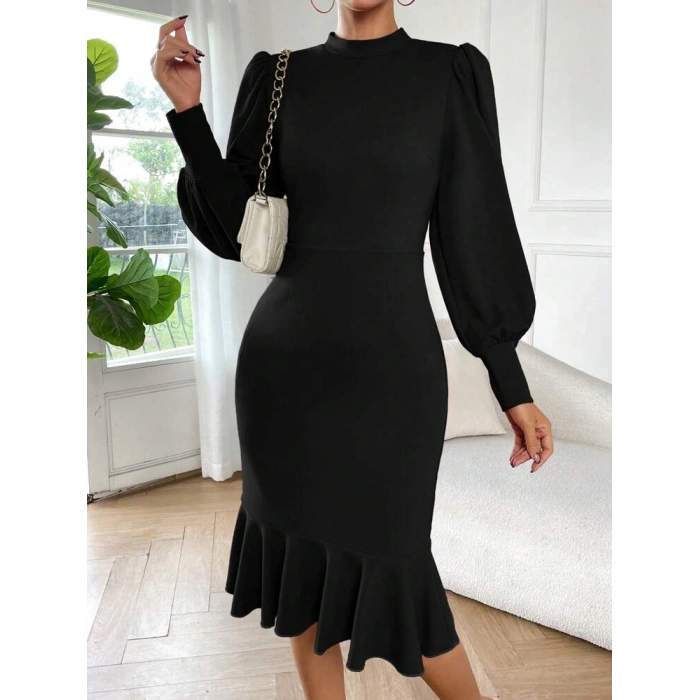 MDB Kadın Uzun Kollu Yarı Balıkçı Yaka Etek Ucu Fırfır Detaylı Midi Ithal Krep Elbise